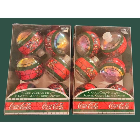 Coca-Cola Stained Glass Light Covers Pack Of 12 Christmas Tree Ornaments Red & G - Picture 1 of 10